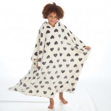 18C832: Older Girls Heart Print Hooded Plush Fleece Long Line Poncho (One Size - 7-13 Years)